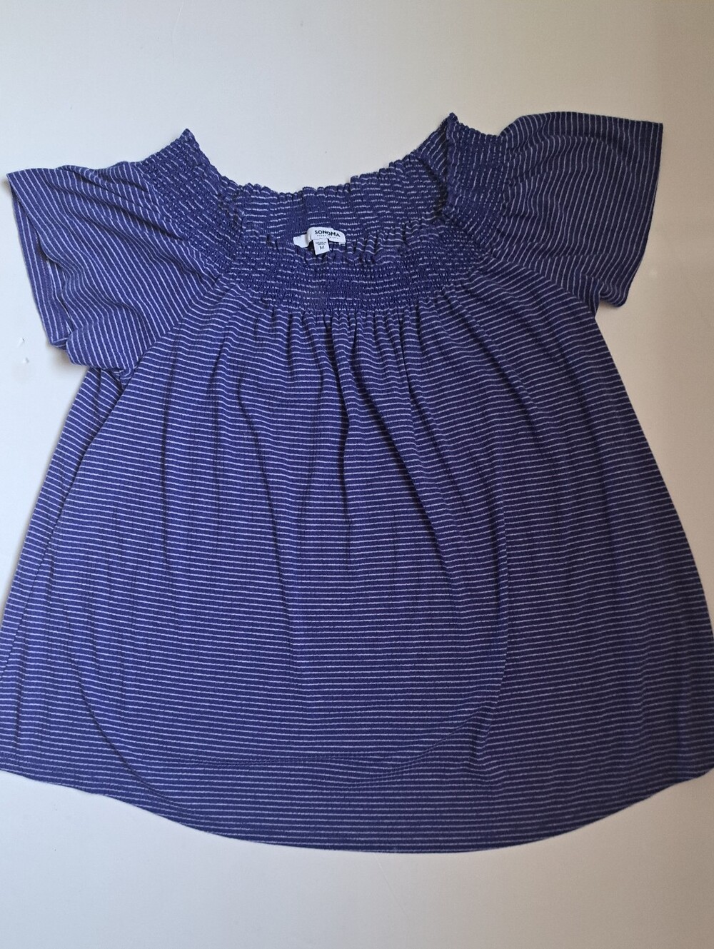 Sonoma Blue and White Striped Smocked-Neck Flutter Sleeve Tunic